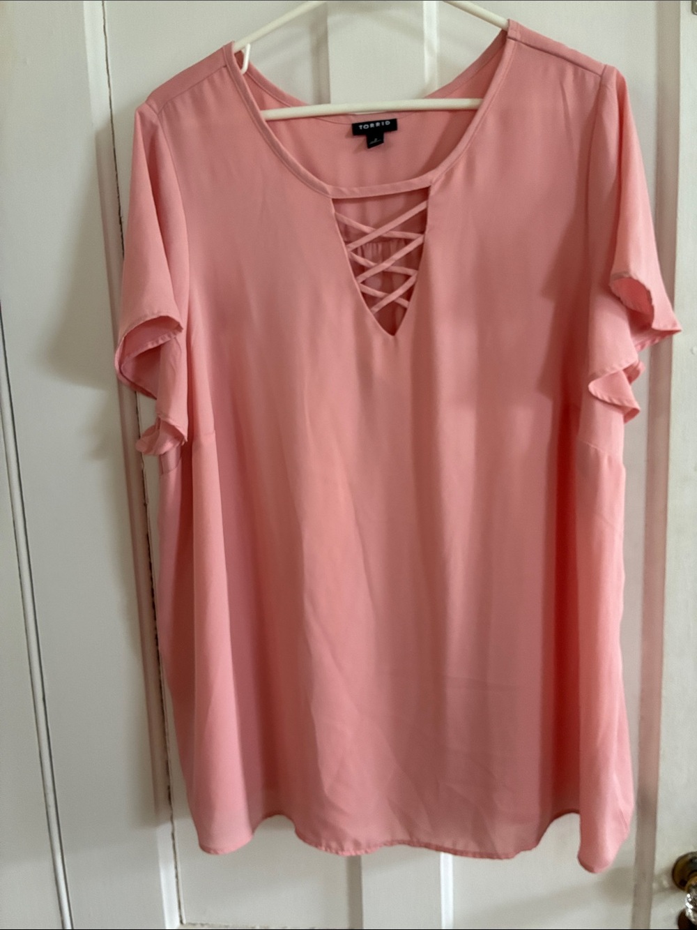 torrid Blush Pink Crisscross V-Neck Ruffle Sleeve Blouse